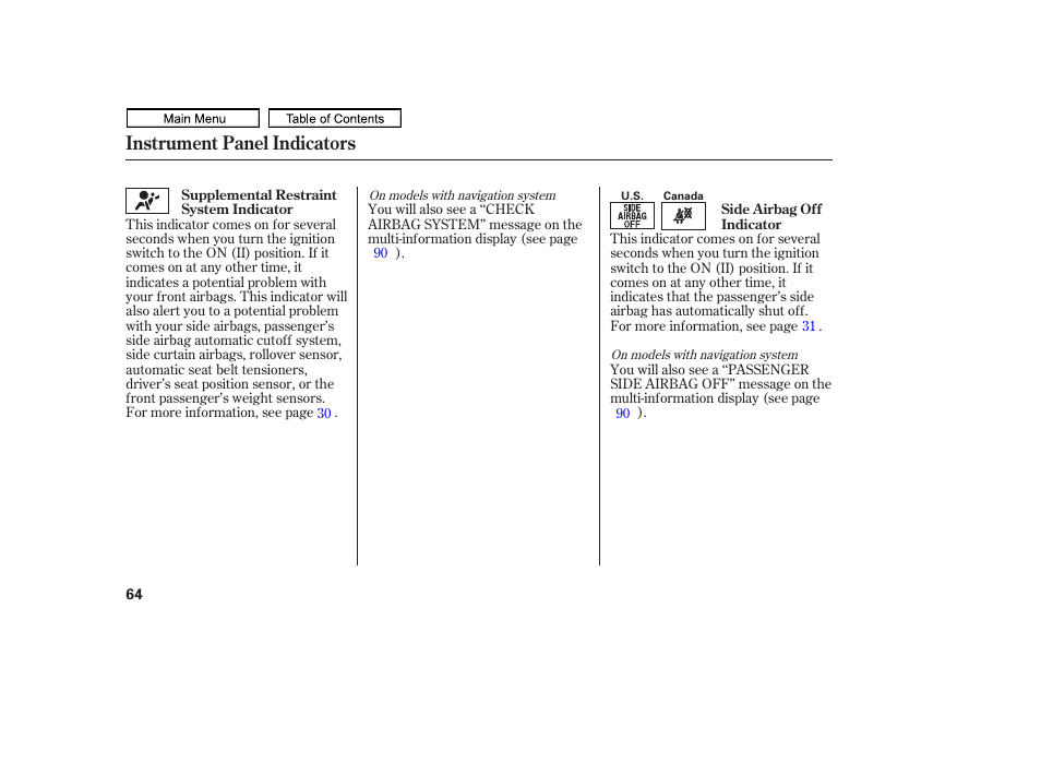 Instrument panel indicators | HONDA 2011 Ridgeline User Manual | Page 68 / 423