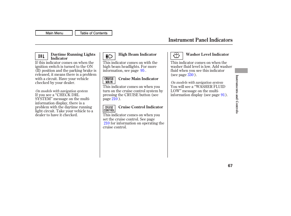 Instrument panel indicators | HONDA 2011 Ridgeline User Manual | Page 71 / 423