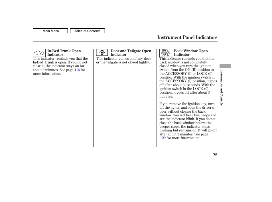 Instrument panel indicators, 2011 ridgeline | HONDA 2011 Ridgeline User Manual | Page 79 / 423