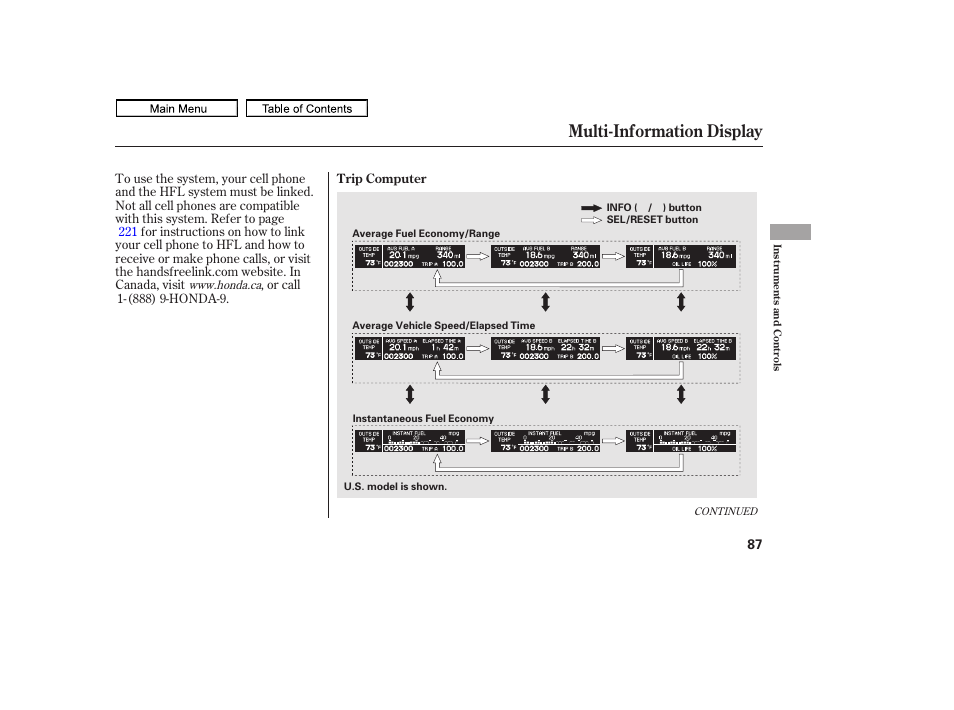 Multi-information display, 2011 ridgeline | HONDA 2011 Ridgeline User Manual | Page 91 / 423