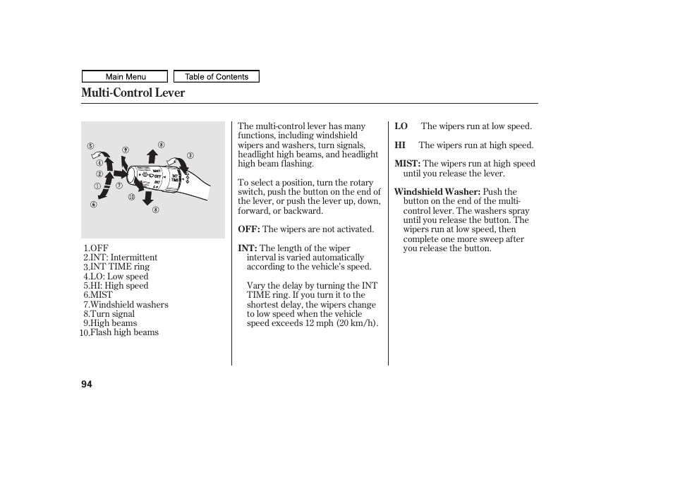 Multi-control lever | HONDA 2011 Ridgeline User Manual | Page 98 / 423