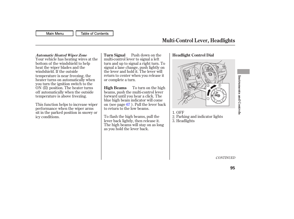 Multi-control lever, headlights, 2011 ridgeline | HONDA 2011 Ridgeline User Manual | Page 99 / 423
