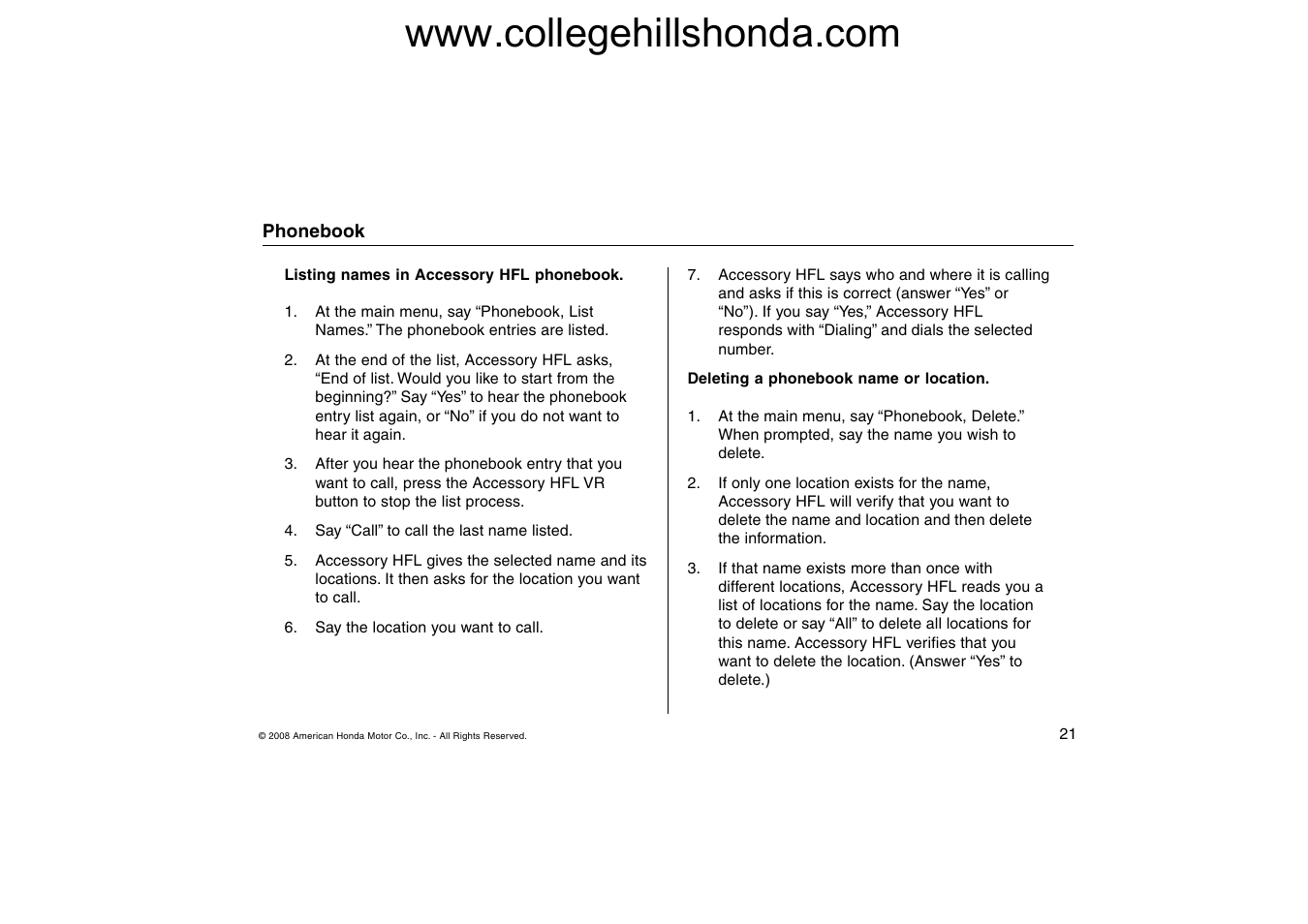 HONDA HANDSFREELINK ACCORD User Manual | Page 21 / 35