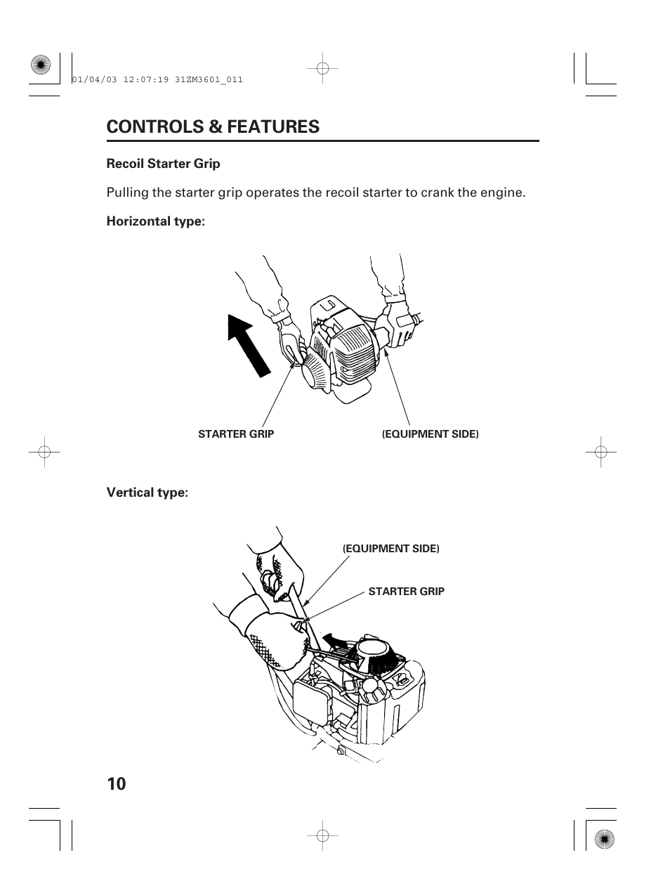 Recoil starter grip, 10 controls & features | HONDA GX22 User Manual | Page 12 / 60