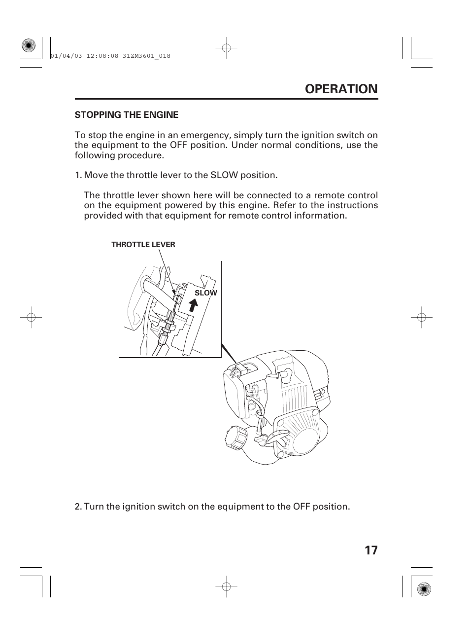 Stopping the engine, 17 operation | HONDA GX22 User Manual | Page 19 / 60