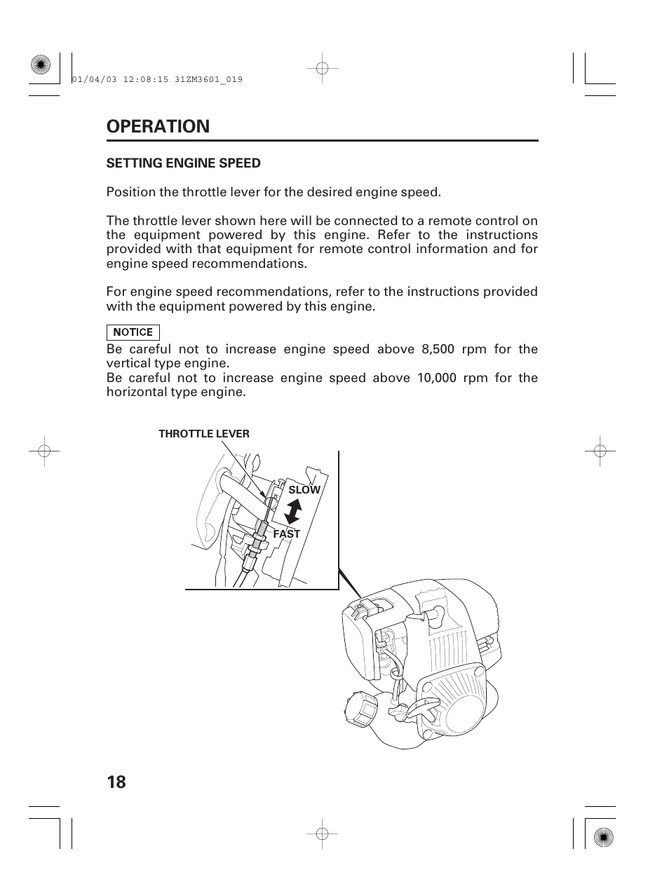 Setting engine speed, 18 operation | HONDA GX22 User Manual | Page 20 / 60