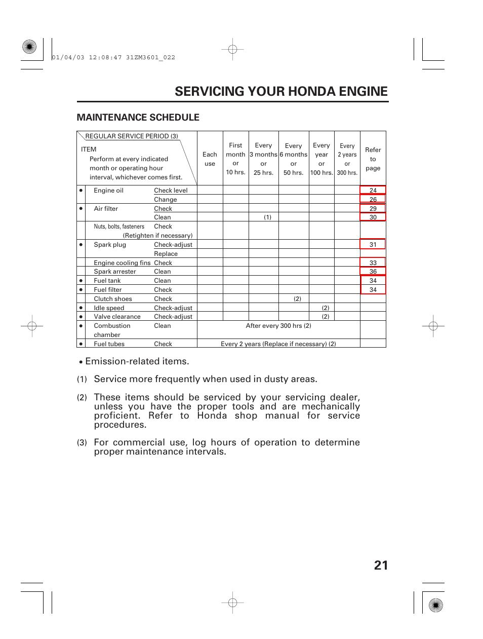 Maintenance schedule, 21 servicing your honda engine | HONDA GX22 User Manual | Page 23 / 60