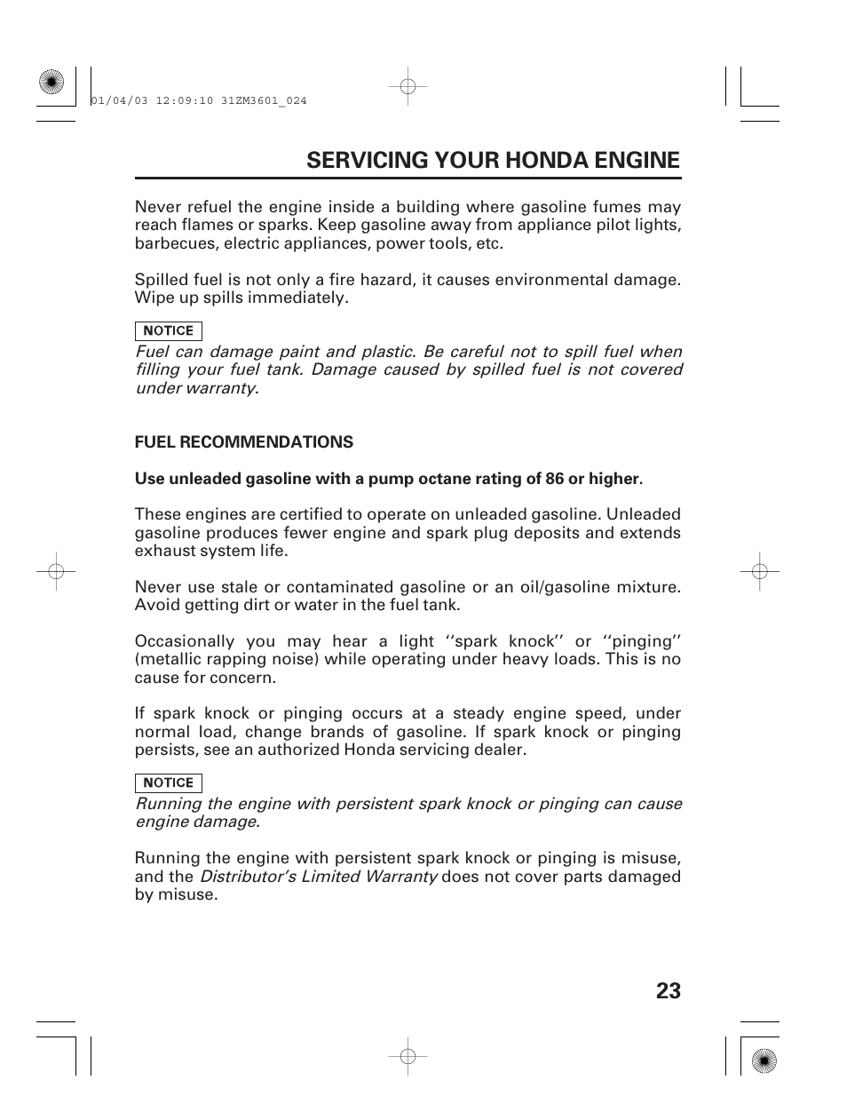 Fuel recommendations, 23 servicing your honda engine | HONDA GX22 User Manual | Page 25 / 60