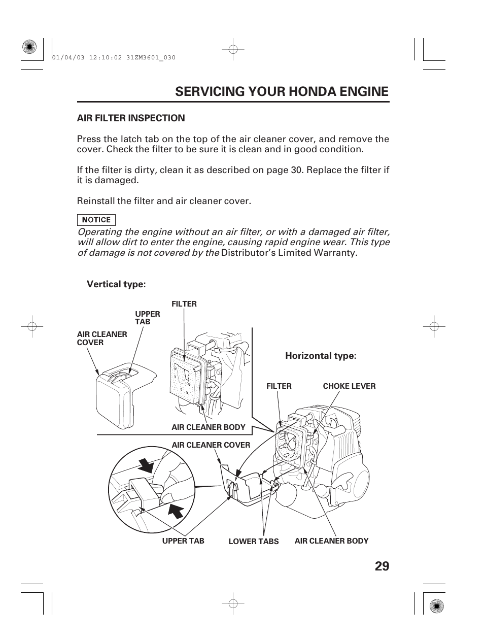 Air filter inspection, 29 servicing your honda engine | HONDA GX22 User Manual | Page 31 / 60