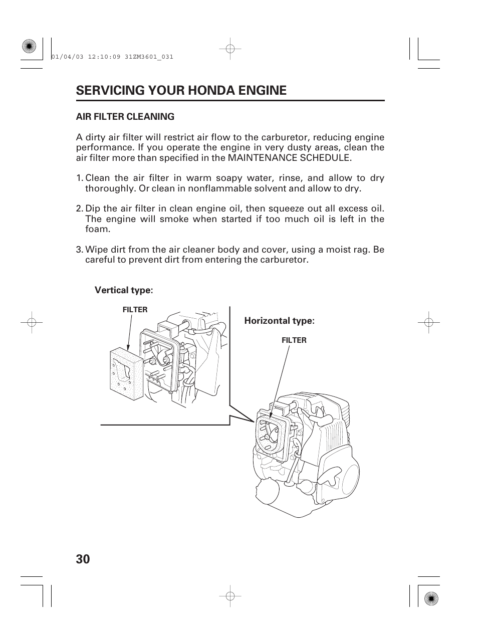 Air filter cleaning, 30 servicing your honda engine | HONDA GX22 User Manual | Page 32 / 60