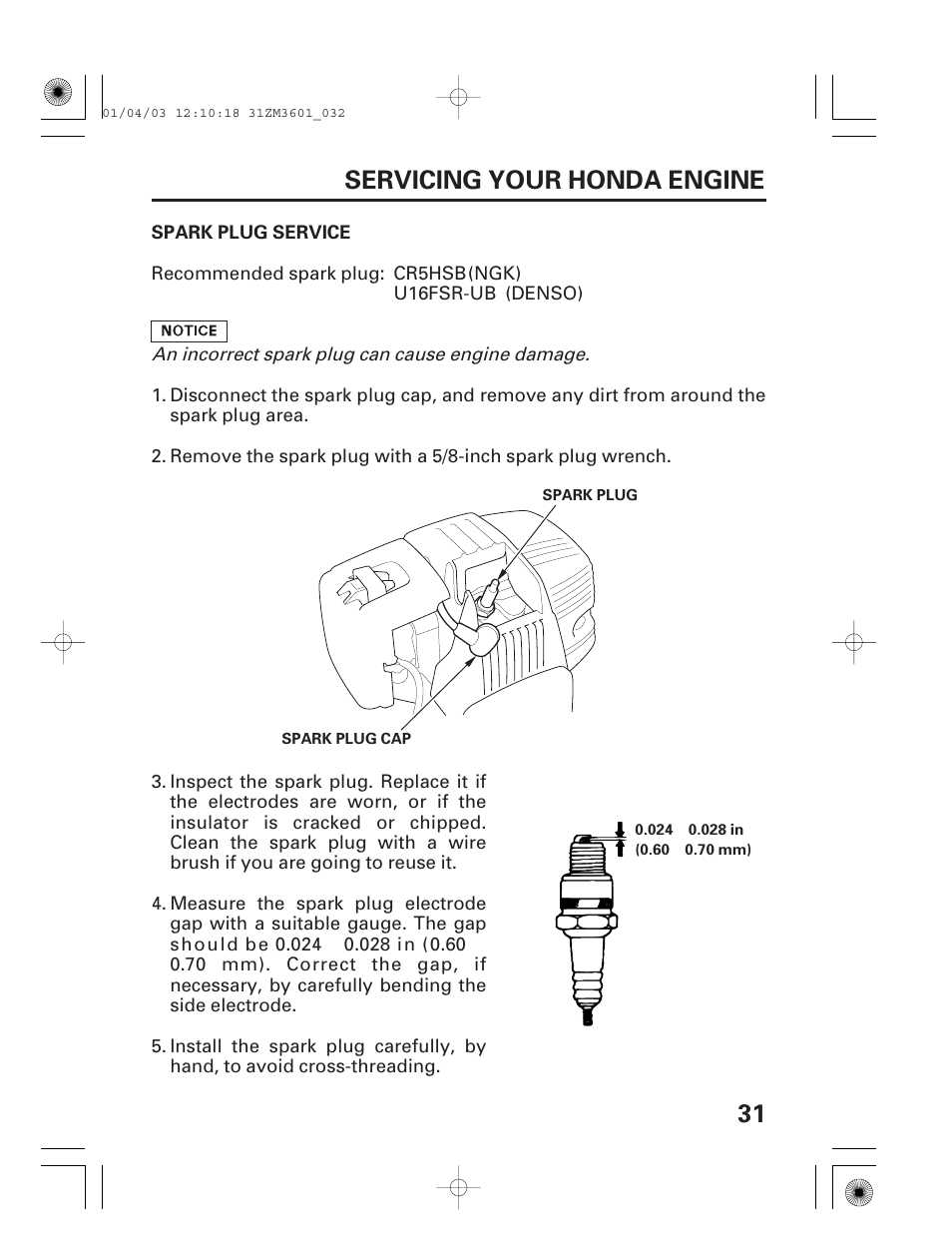 Spark plug service, 31 servicing your honda engine | HONDA GX22 User Manual | Page 33 / 60