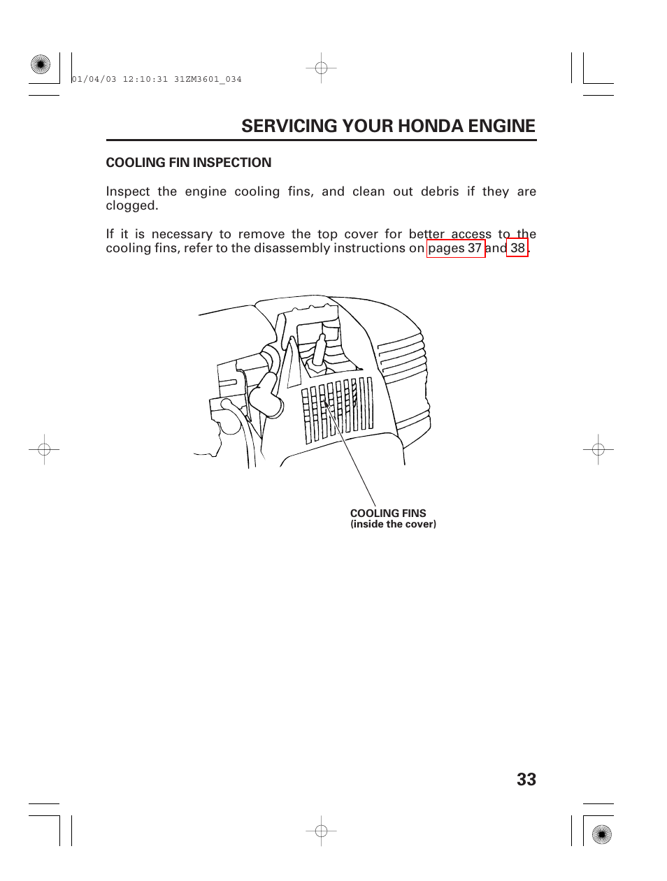 Cooling fin inspection, 33 servicing your honda engine | HONDA GX22 User Manual | Page 35 / 60