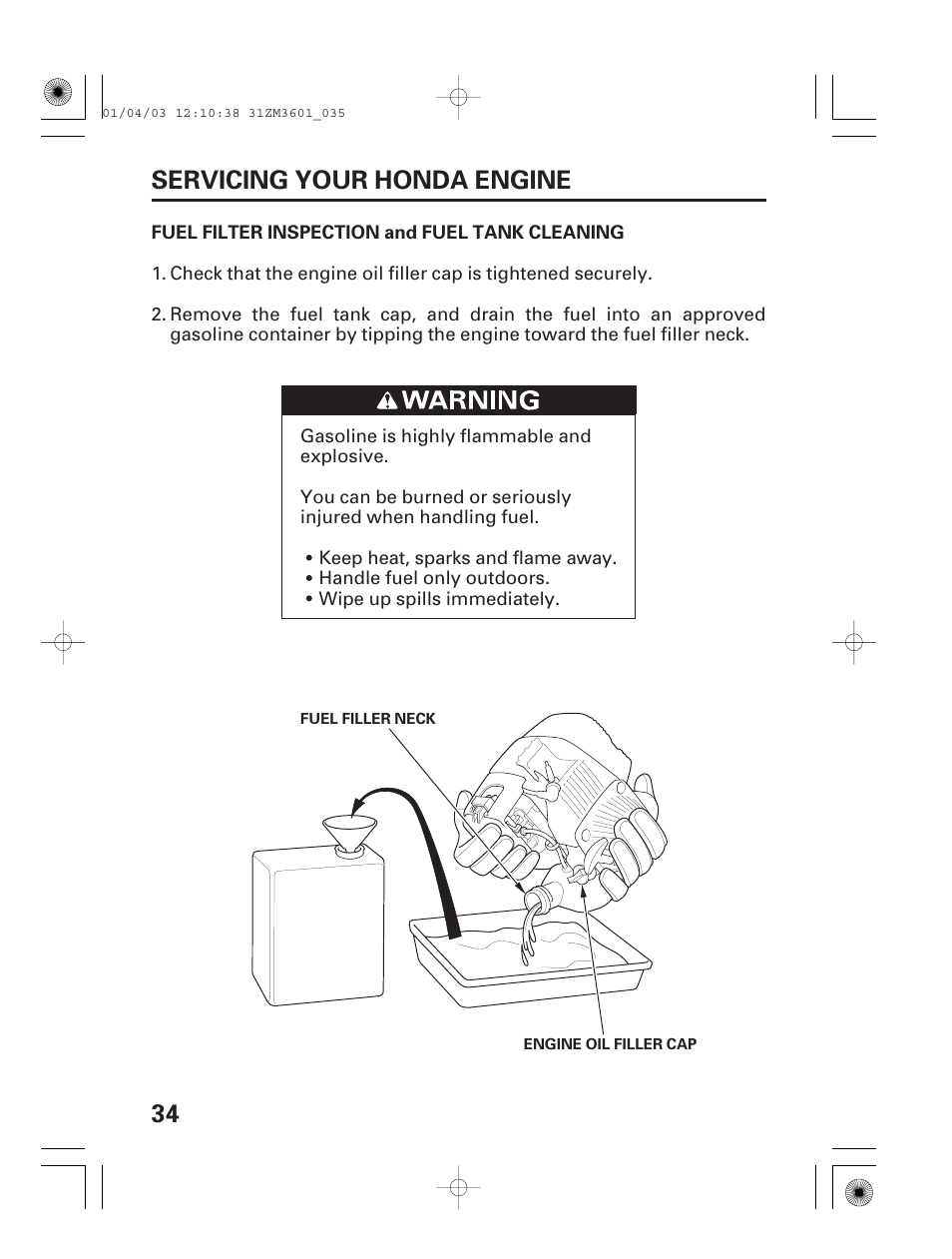 Fuel filter inspection and fuel tank cleaning, 34 servicing your honda engine | HONDA GX22 User Manual | Page 36 / 60