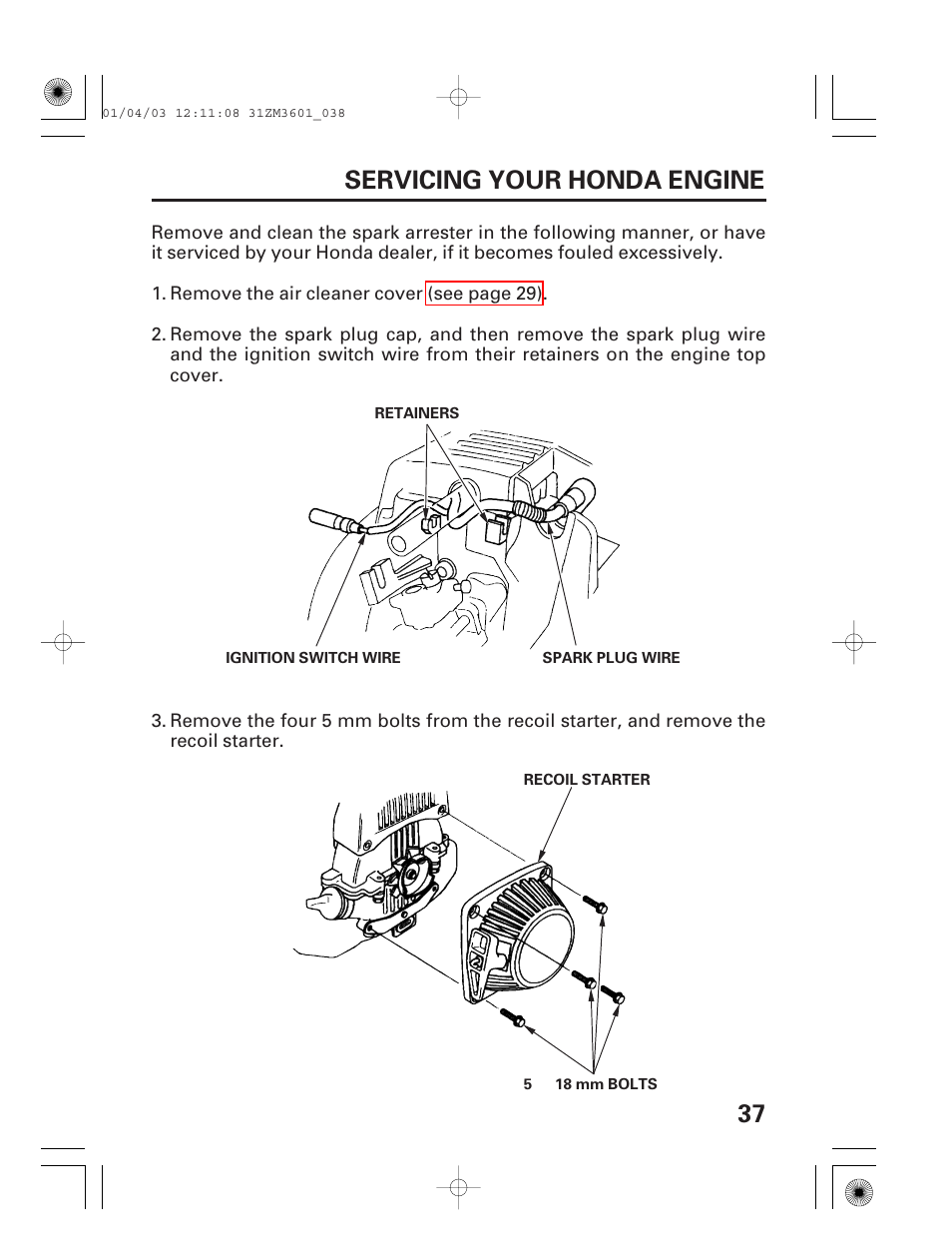37 servicing your honda engine | HONDA GX22 User Manual | Page 39 / 60