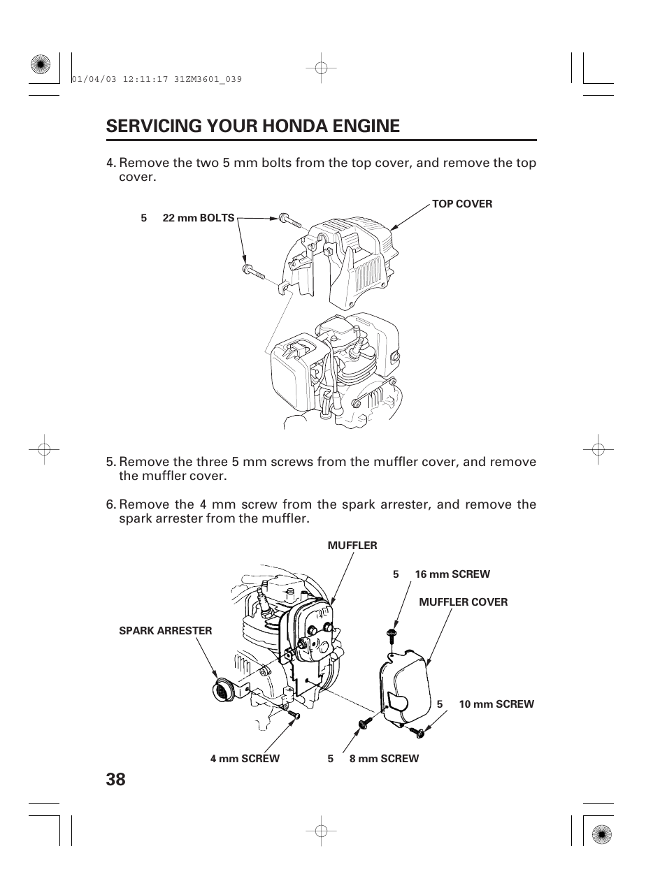38 servicing your honda engine | HONDA GX22 User Manual | Page 40 / 60