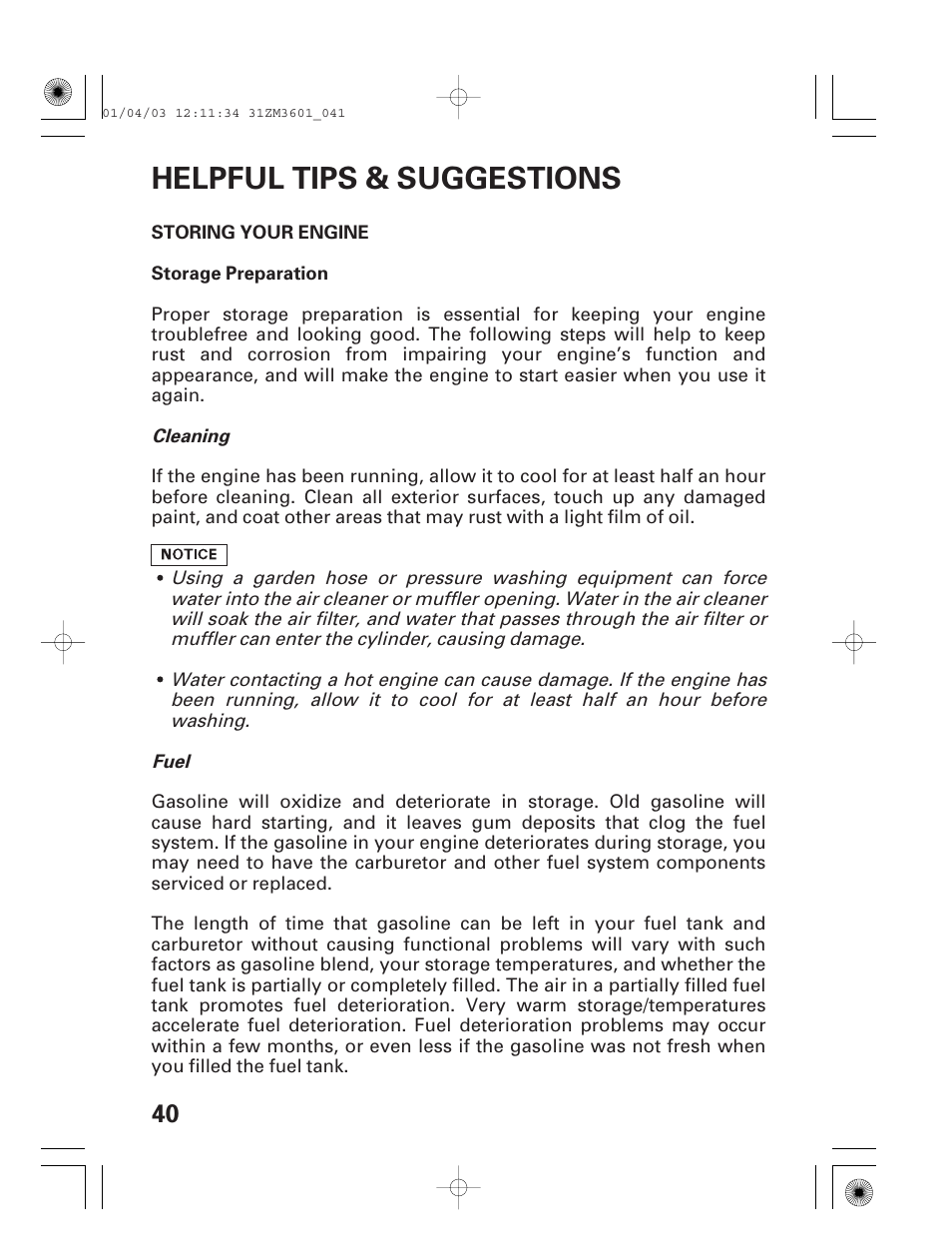 Helpful tips & suggestions, Storing your engine | HONDA GX22 User Manual | Page 42 / 60