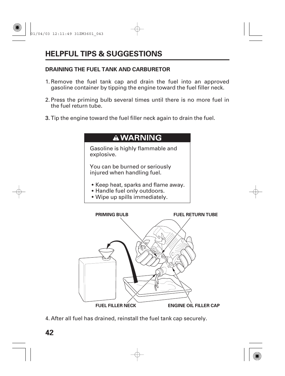 Draining the fuel tank and carburetor, 42 helpful tips & suggestions | HONDA GX22 User Manual | Page 44 / 60