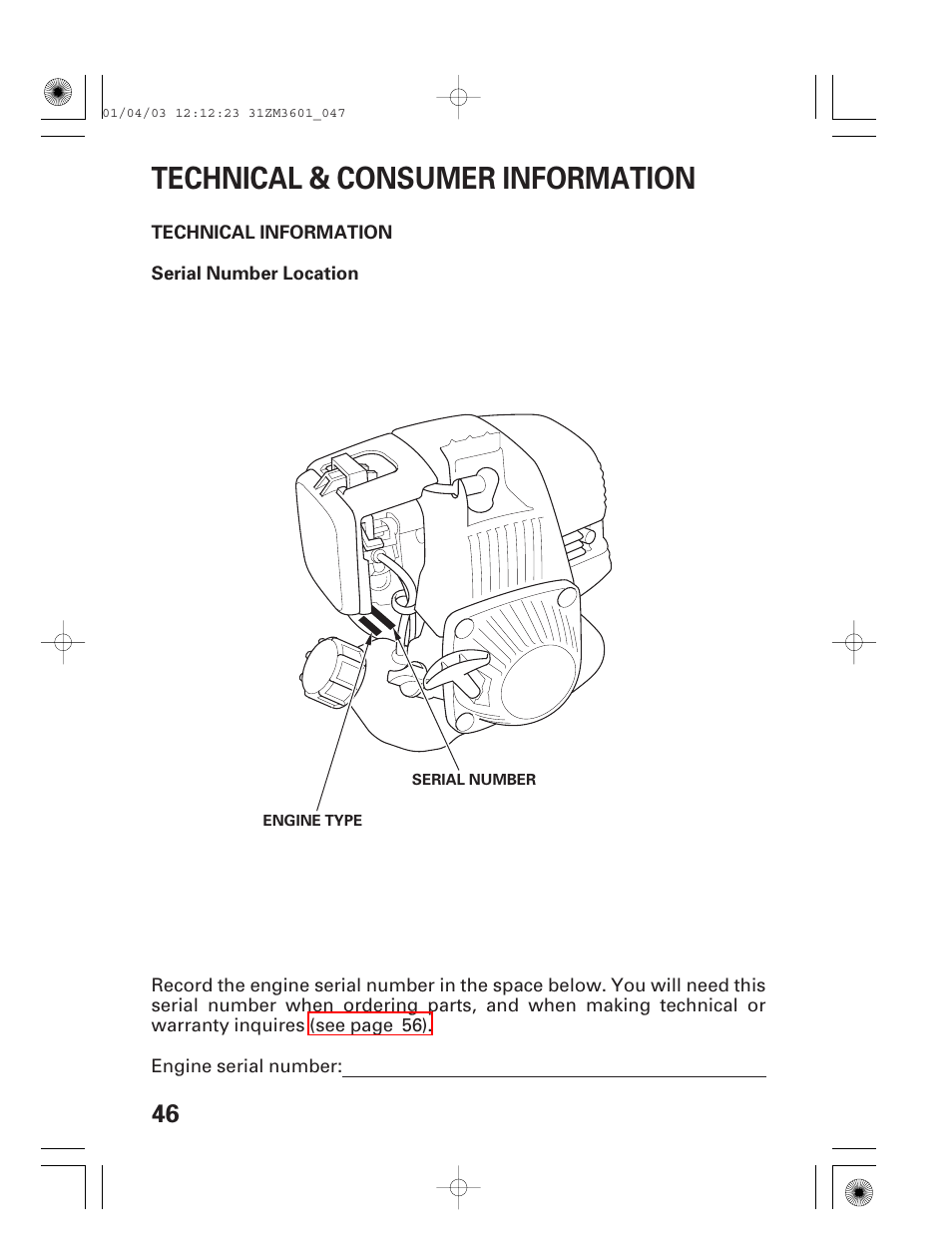 Technical & consumer information, Technical information, Serial number location | HONDA GX22 User Manual | Page 48 / 60