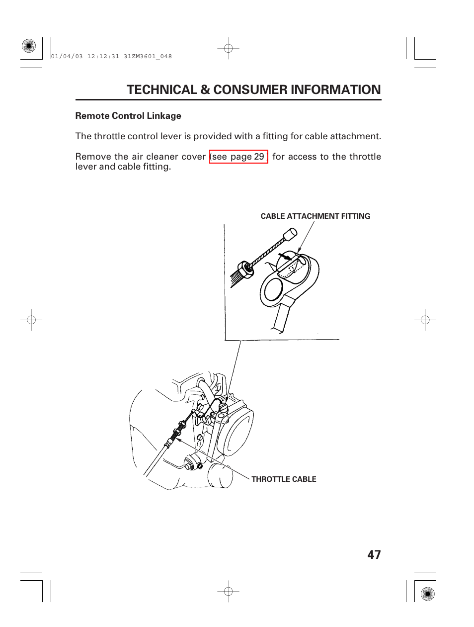 Remote control linkage, 47 technical & consumer information | HONDA GX22 User Manual | Page 49 / 60