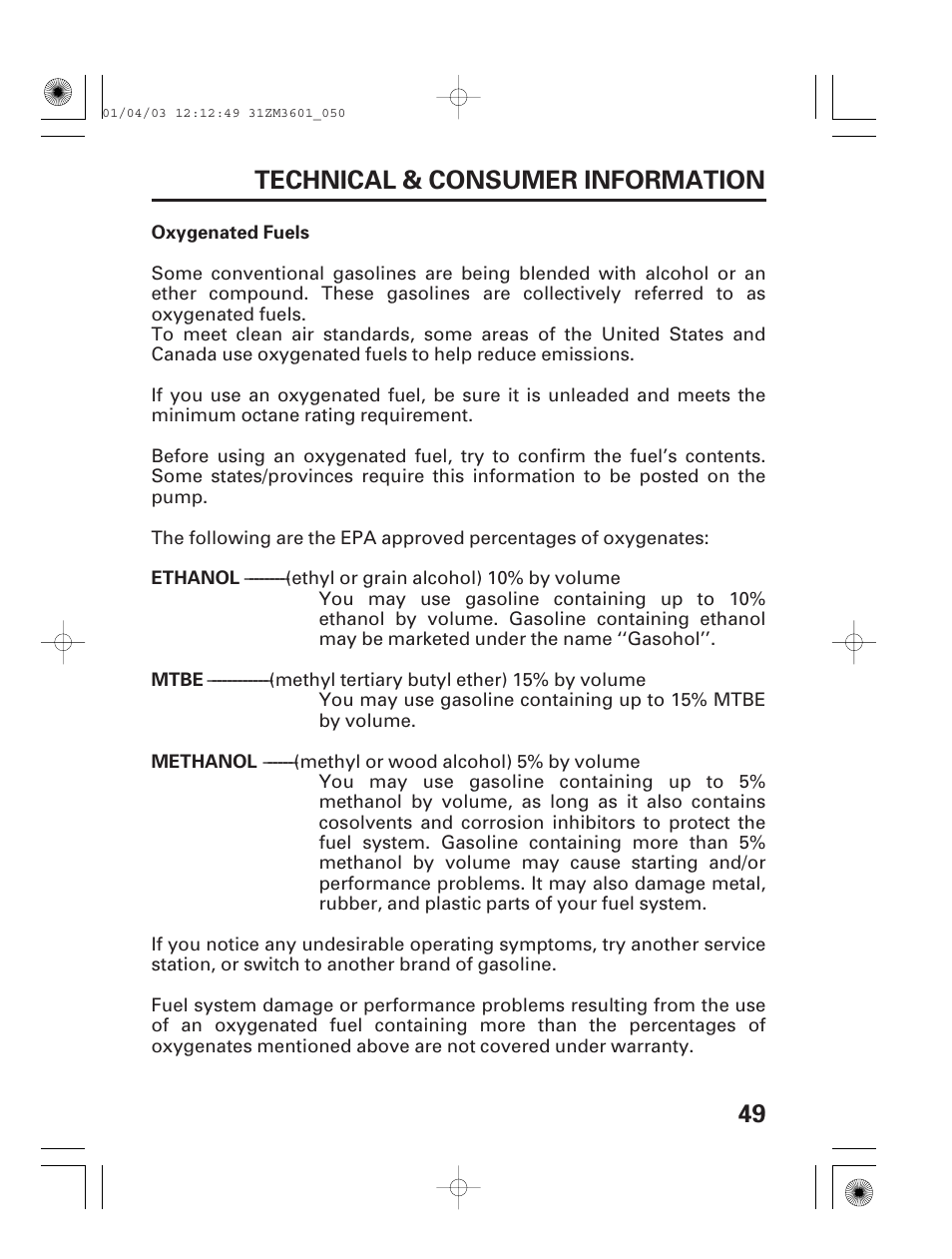 Oxygenated fuels, 49 technical & consumer information | HONDA GX22 User Manual | Page 51 / 60