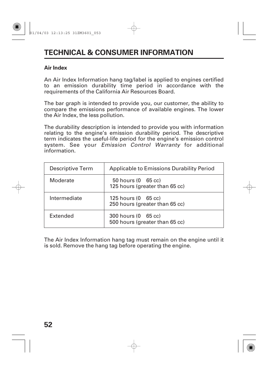 Air index, 52 technical & consumer information | HONDA GX22 User Manual | Page 54 / 60