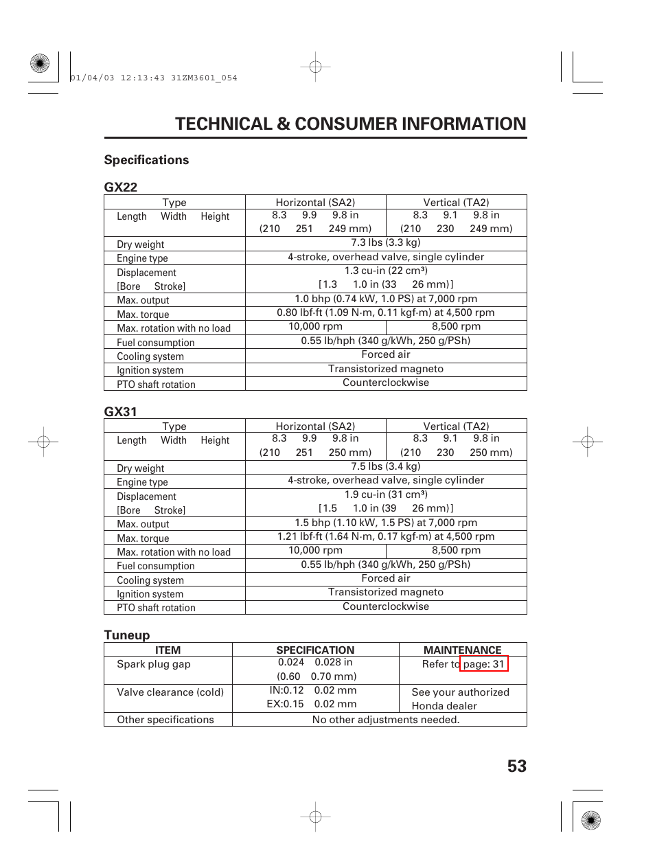 Specifications, 53 technical & consumer information | HONDA GX22 User Manual | Page 55 / 60
