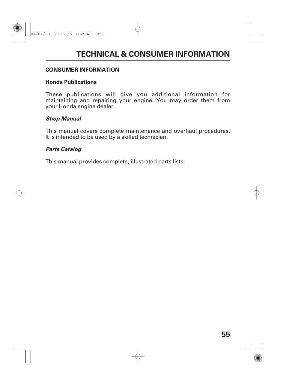 Consumer information, Honda publications, 55 technical & consumer information | HONDA GX22 User Manual | Page 57 / 60