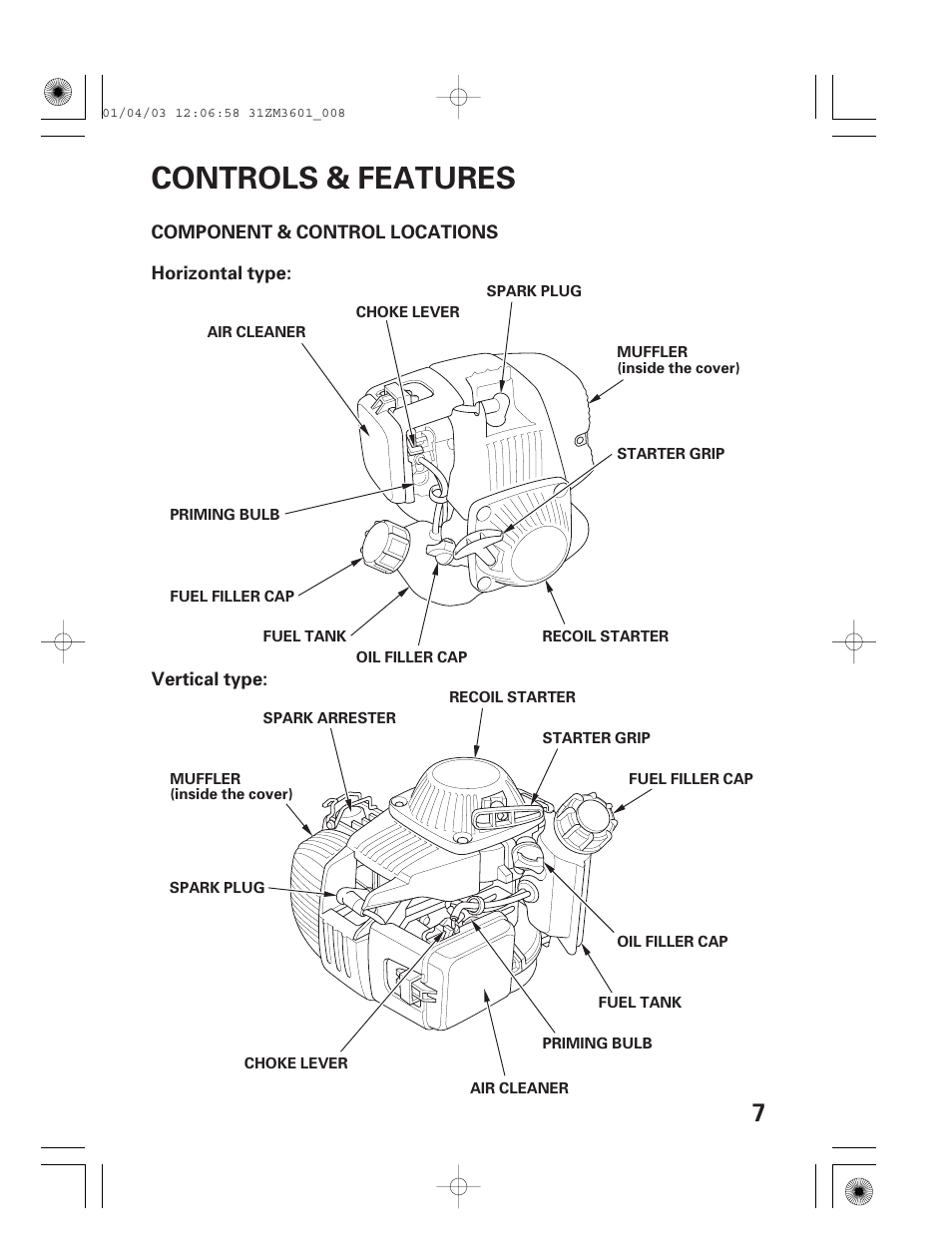 Controls & features, Component & control locations | HONDA GX22 User Manual | Page 9 / 60