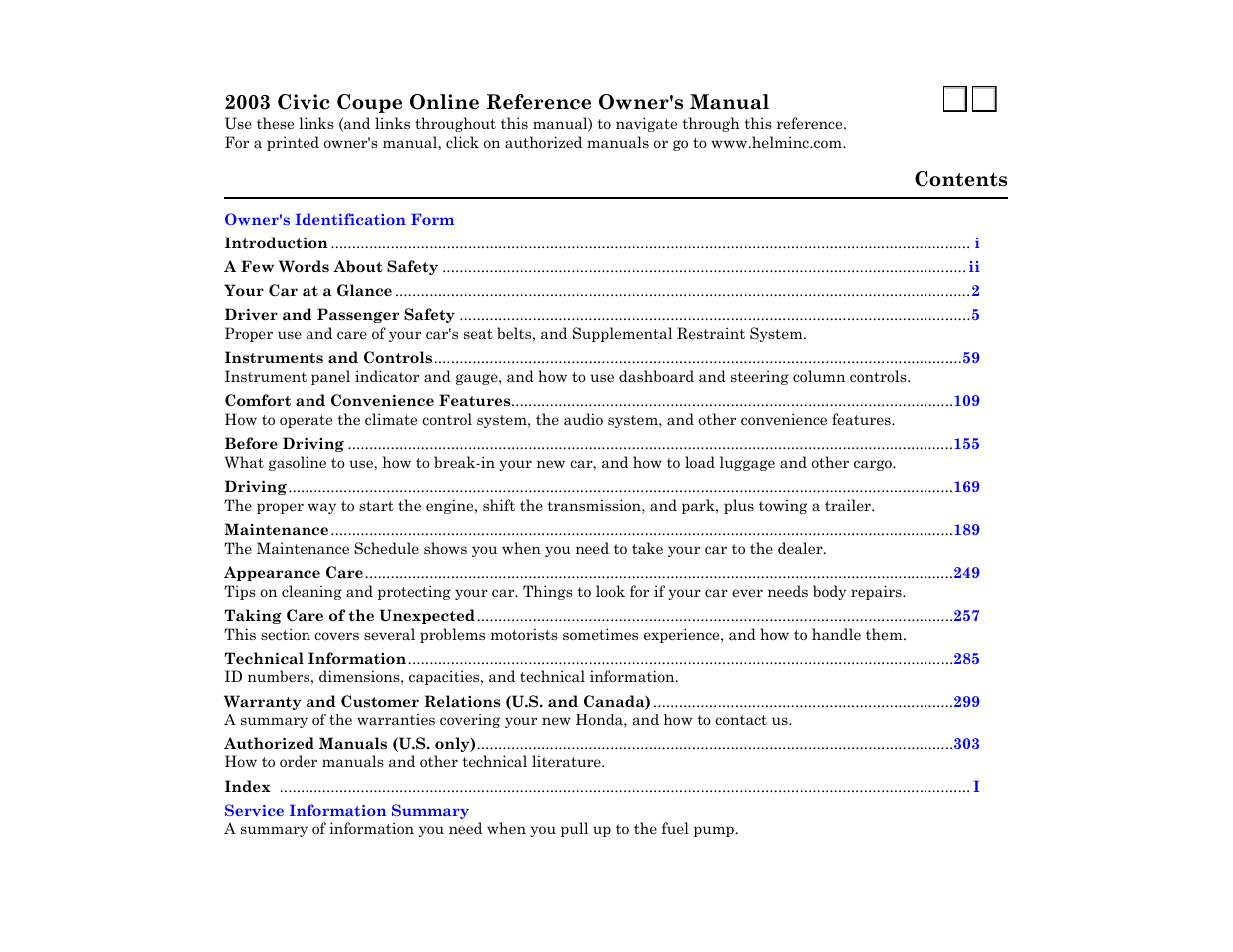 HONDA 2003 Civic Coupe User Manual | 1 page