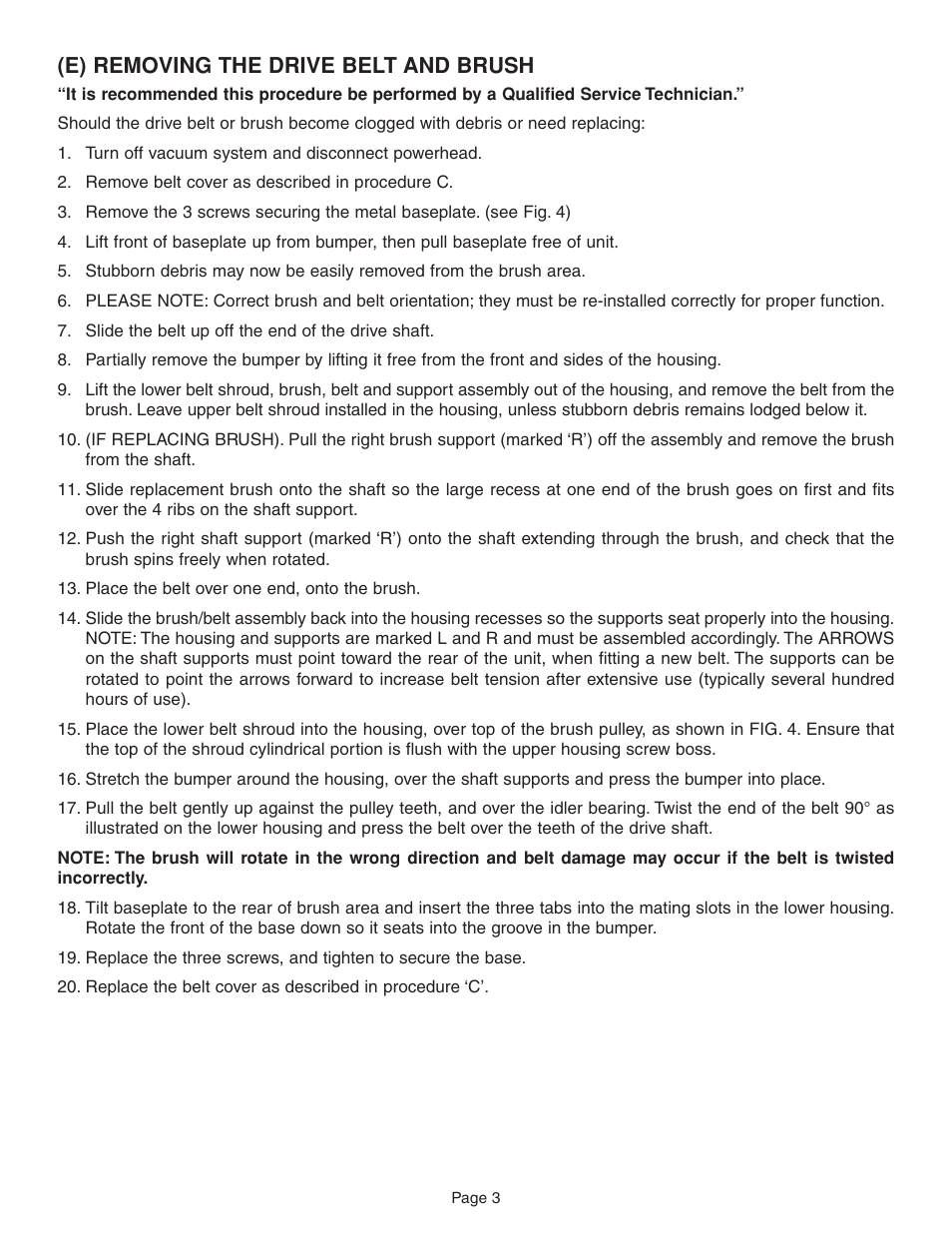E) removing the drive belt and brush | H-P Products 7160 User Manual | Page 3 / 10
