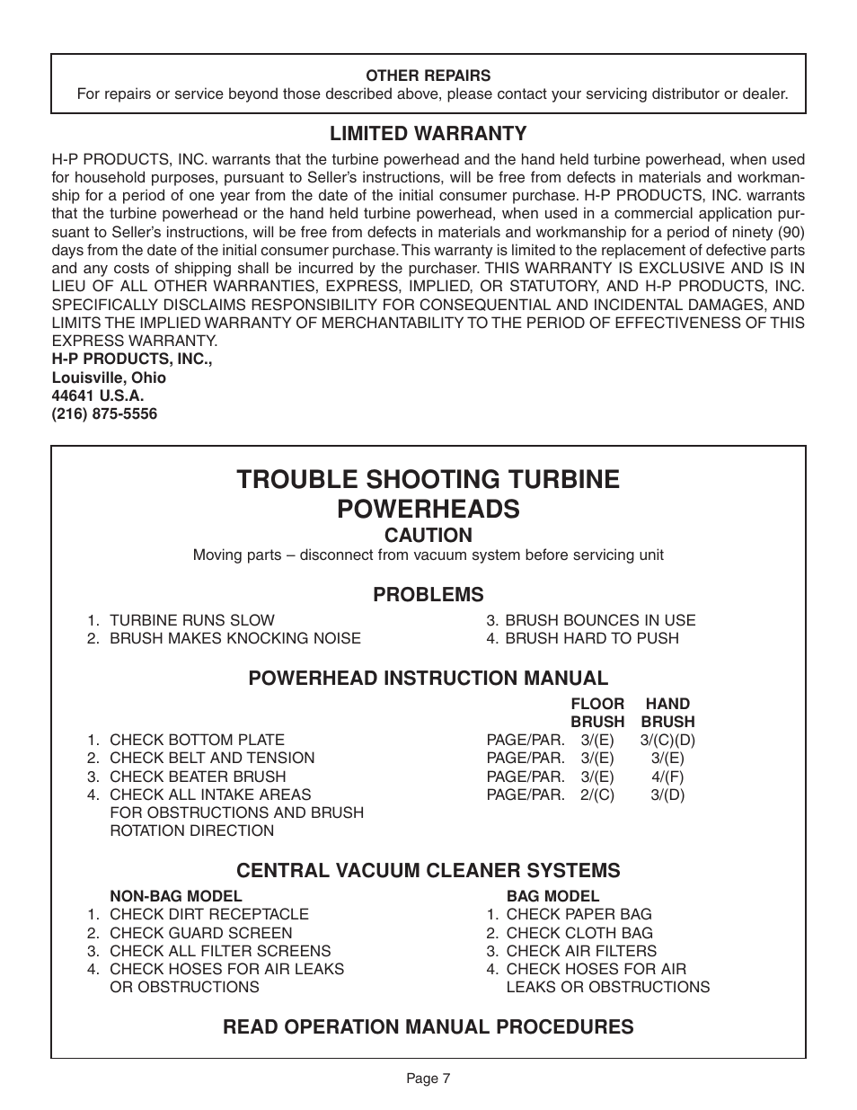 Trouble shooting turbine powerheads | H-P Products 7160 User Manual | Page 7 / 10