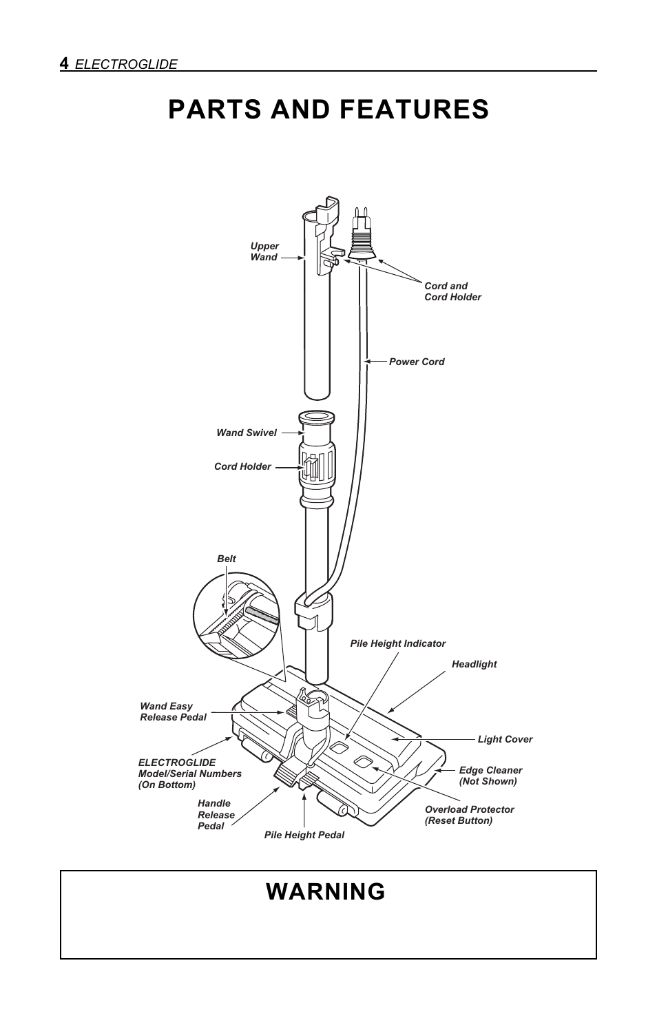Parts and features, Warning | H-P Products Electric Powerhead Electroglide User Manual | Page 4 / 16