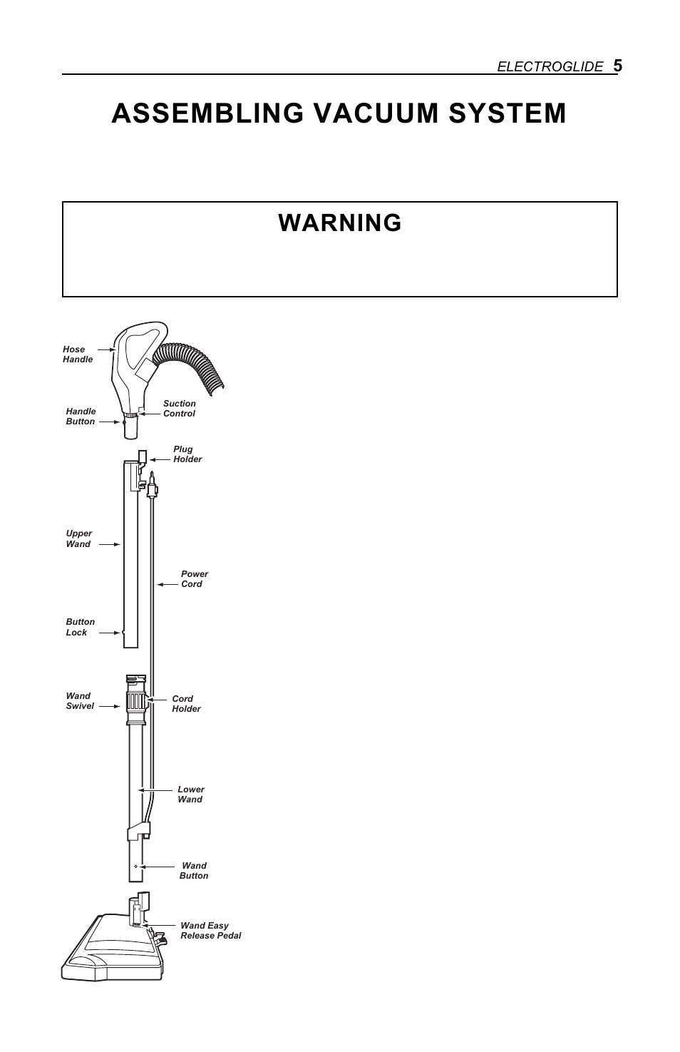 Assembling vacuum system, Warning | H-P Products Electric Powerhead Electroglide User Manual | Page 5 / 16