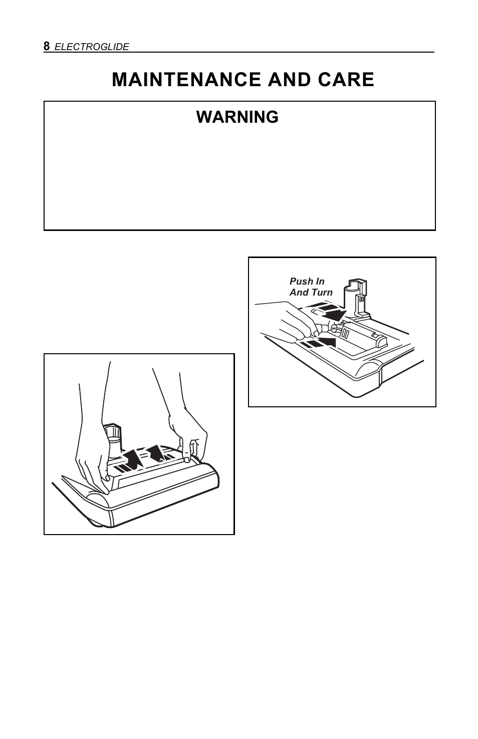 Maintenance and care, Warning | H-P Products Electric Powerhead Electroglide User Manual | Page 8 / 16