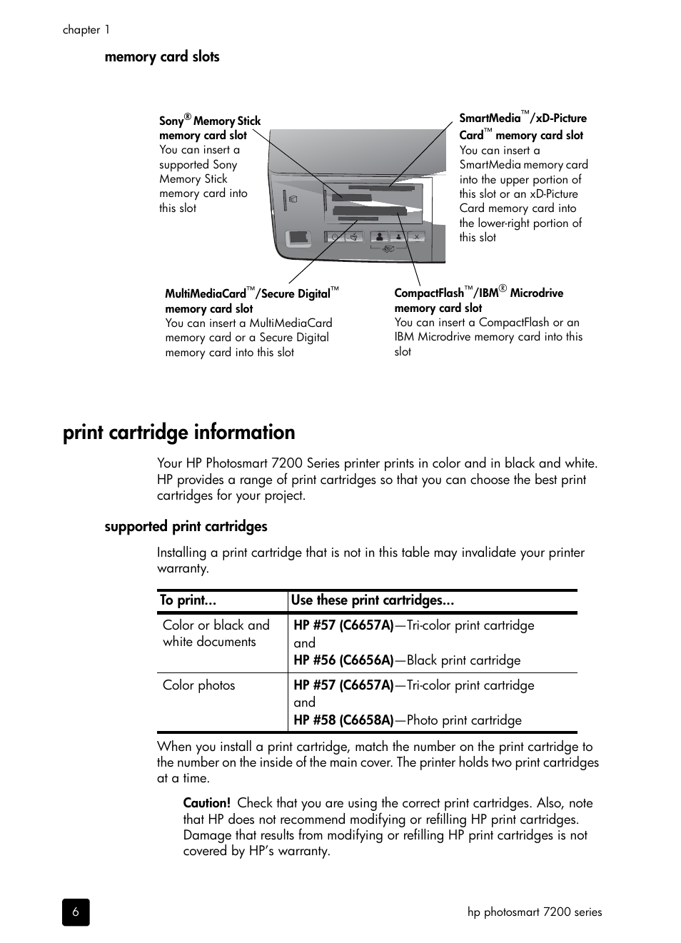 Print cartridge information, Supported print cartridges | HP PHOTOSMART 7200 User Manual | Page 10 / 32