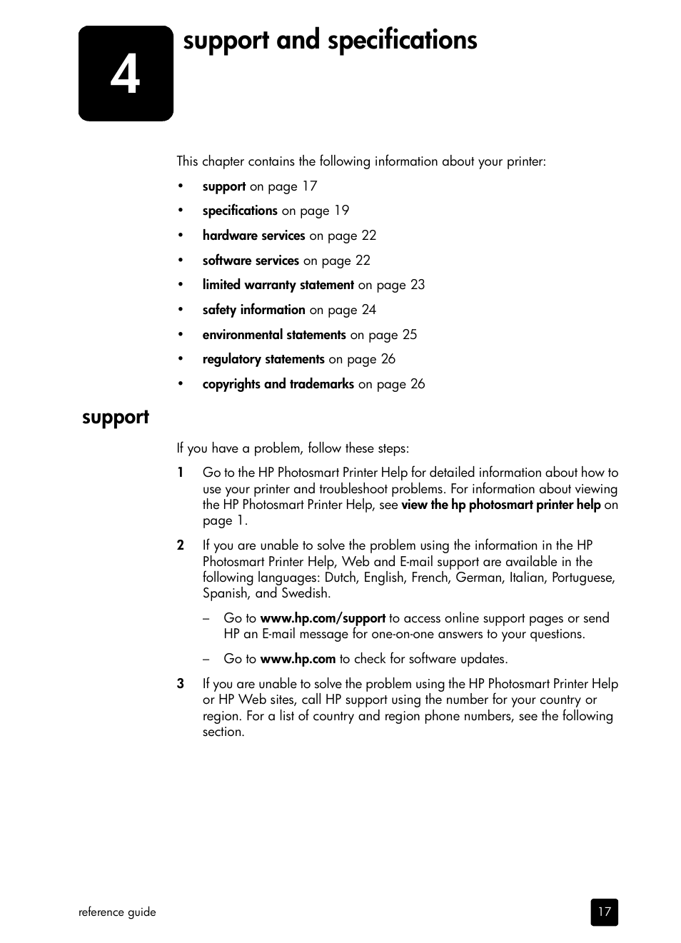 Support and specifications, Support | HP PHOTOSMART 7200 User Manual | Page 21 / 32