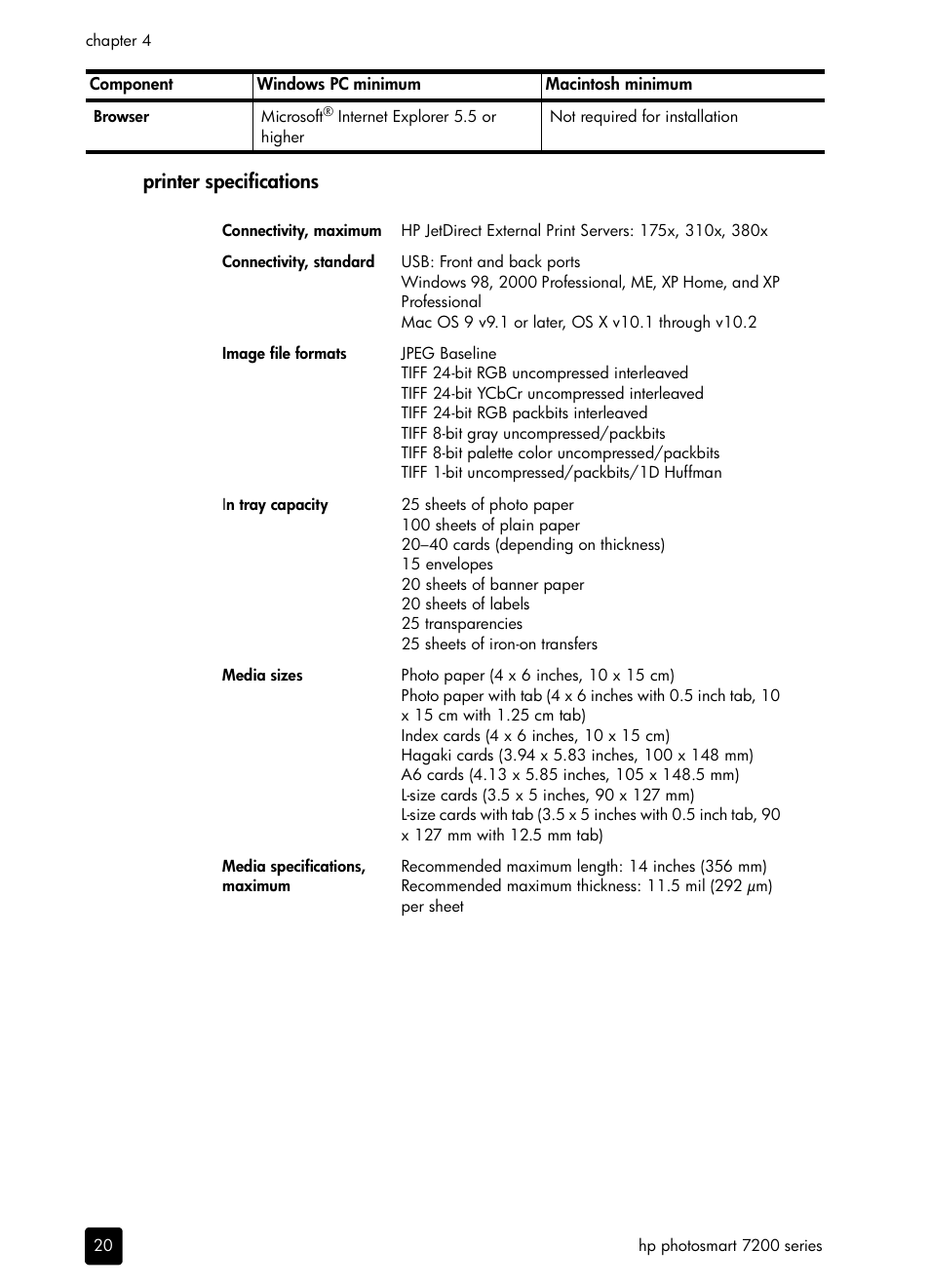 Printer specifications | HP PHOTOSMART 7200 User Manual | Page 24 / 32