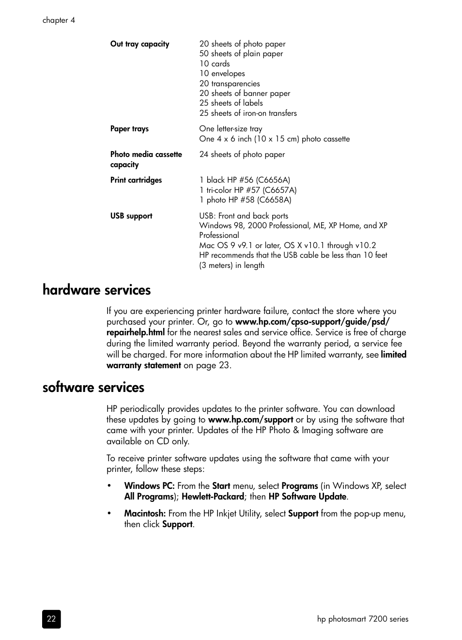 Hardware services, Software services | HP PHOTOSMART 7200 User Manual | Page 26 / 32