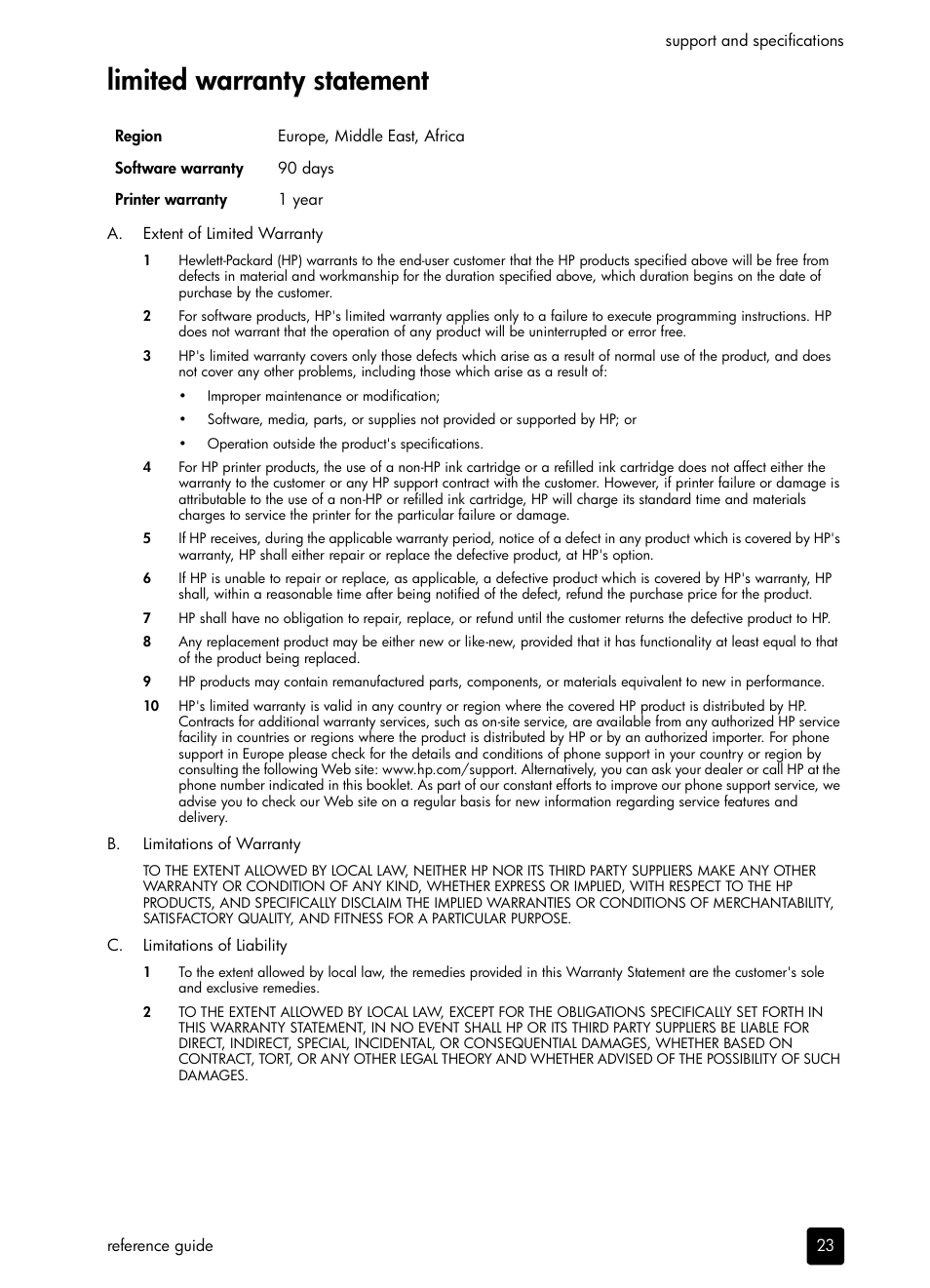 Limited warranty statement | HP PHOTOSMART 7200 User Manual | Page 27 / 32