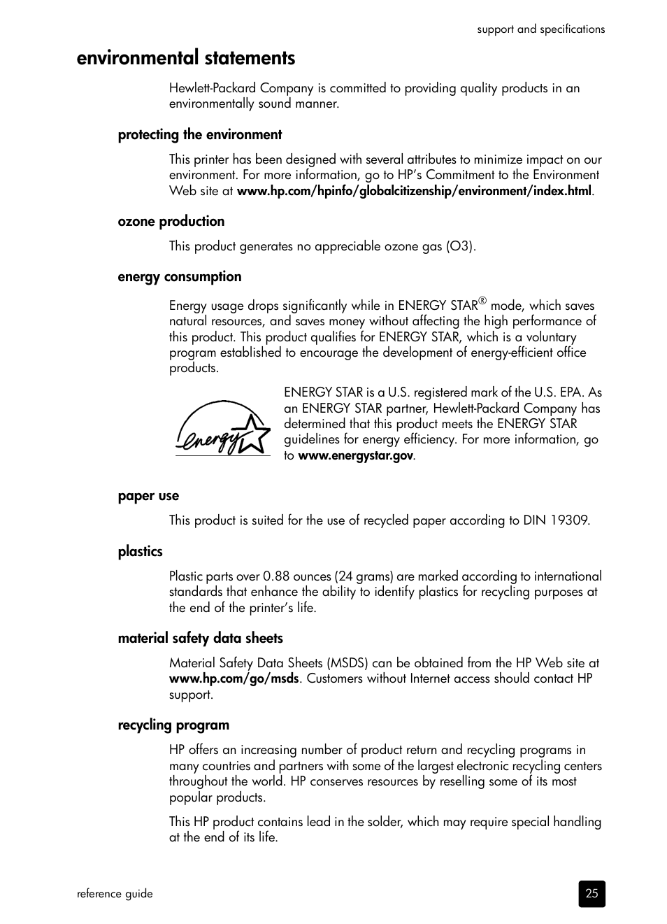 Environmental statements | HP PHOTOSMART 7200 User Manual | Page 29 / 32