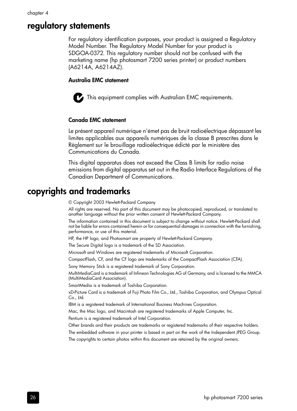 Regulatory statements, Copyrights and trademarks | HP PHOTOSMART 7200 User Manual | Page 30 / 32