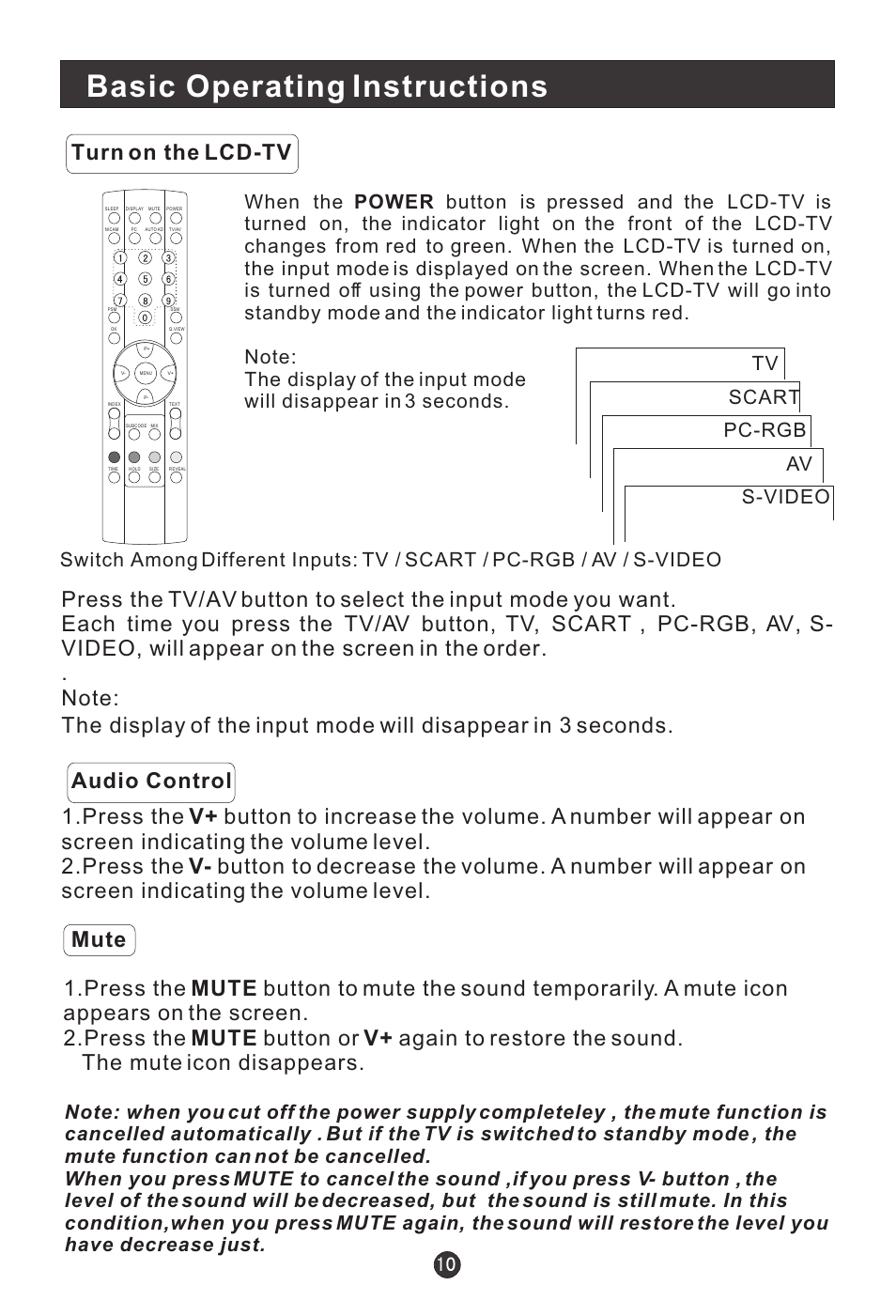 Basic operating instructions, Turn on the lcd-tv | haier L20G1-A0 User Manual | Page 12 / 24