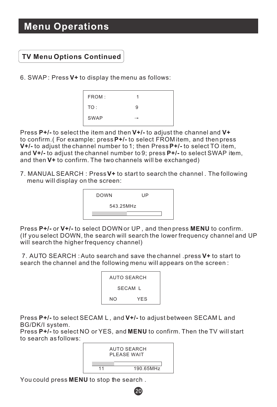 Menu operations, Tv menu options continued | haier L20G1-A0 User Manual | Page 22 / 24