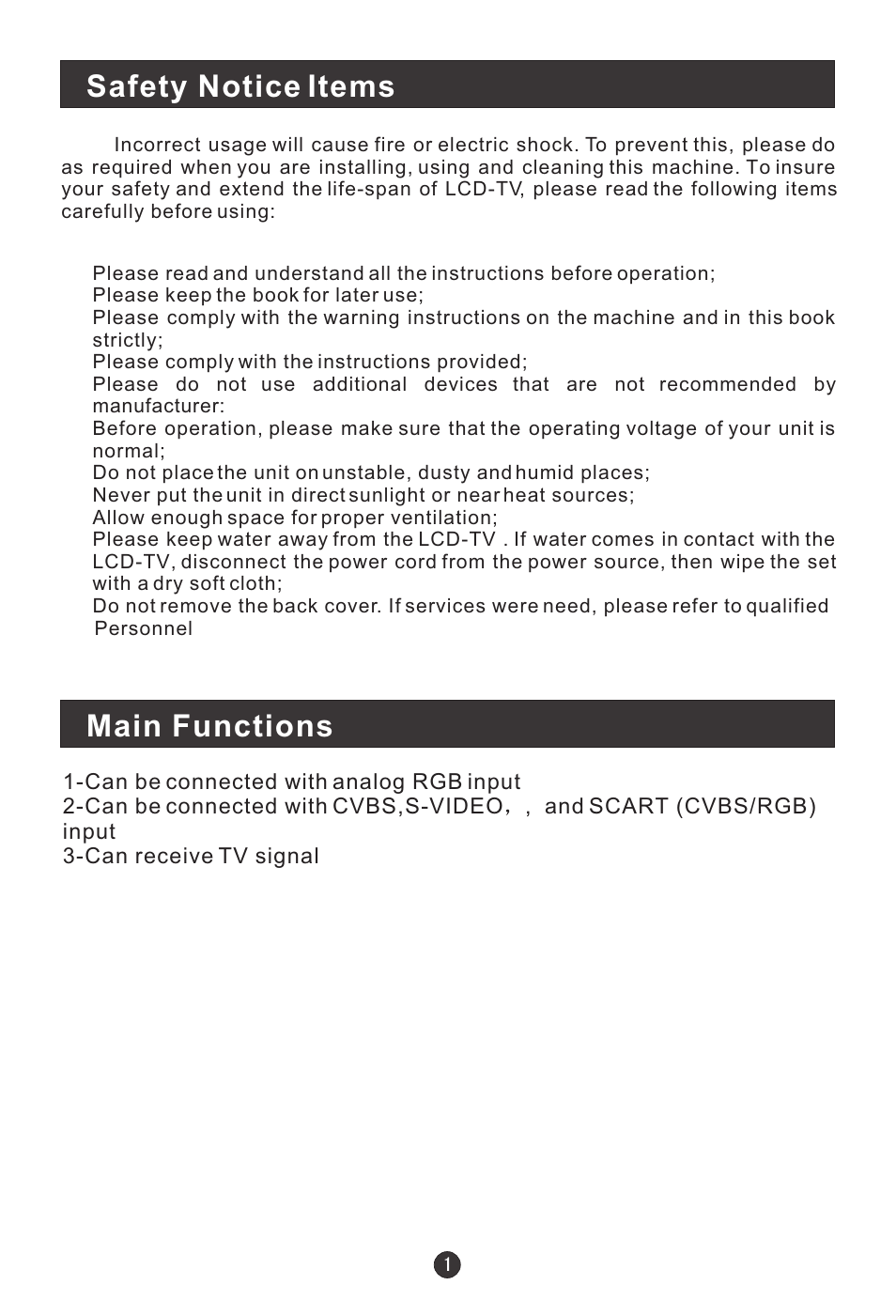 Safety notice items, Main functions | haier L20G1-A0 User Manual | Page 3 / 24