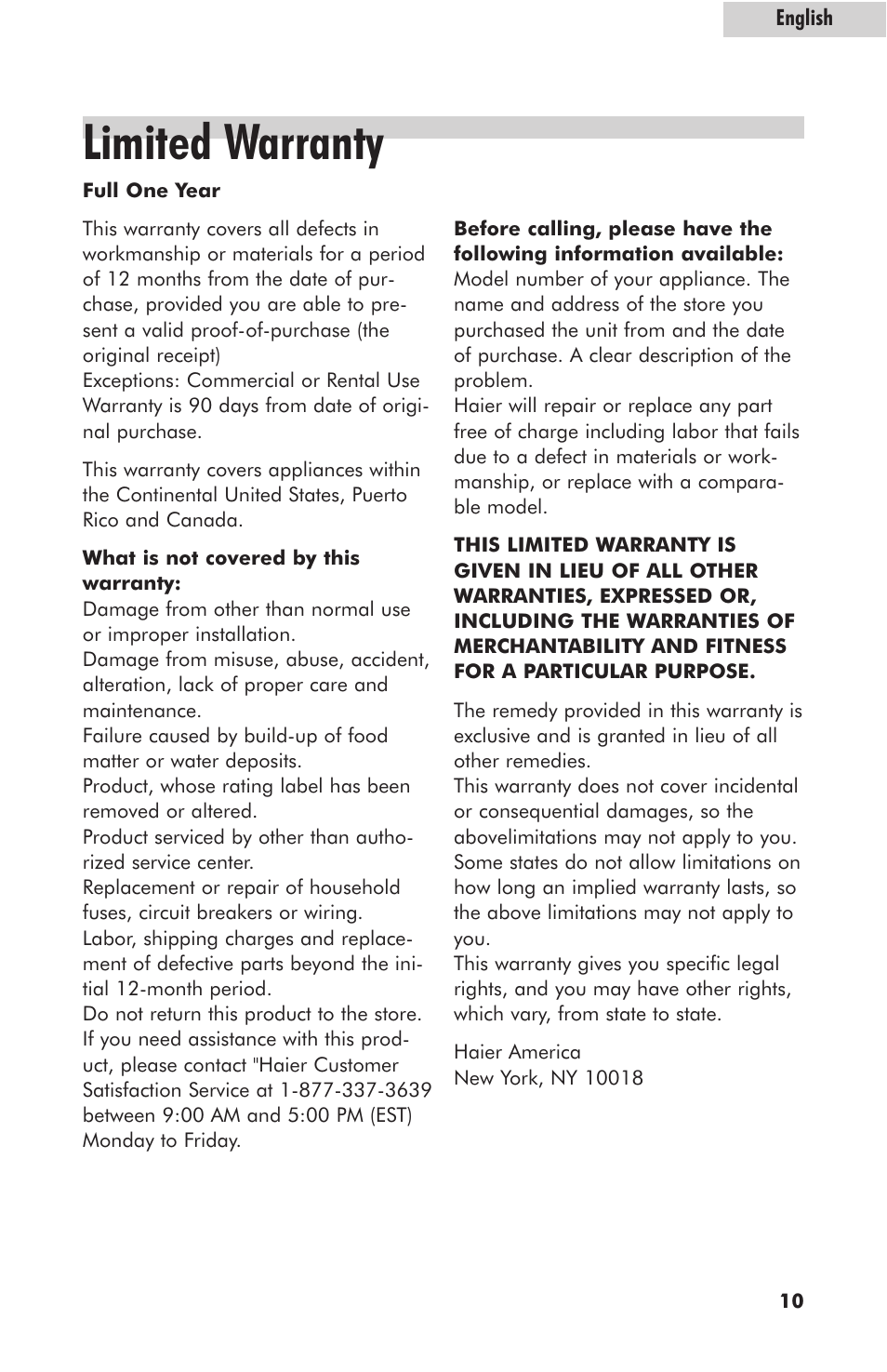 Limited warranty | haier HB500BSS User Manual | Page 11 / 12
