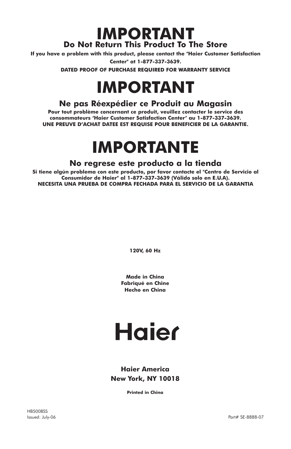 Important, Importante, Do not return this product to the store | Ne pas réexpédier ce produit au magasin, No regrese este producto a la tienda | haier HB500BSS User Manual | Page 12 / 12