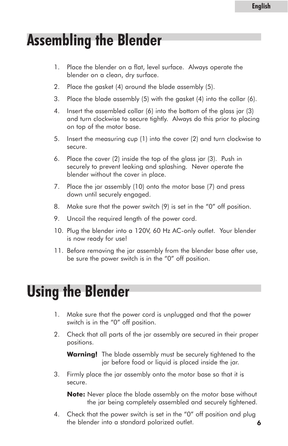 Assembling the blender, Using the blender | haier HB500BSS User Manual | Page 7 / 12