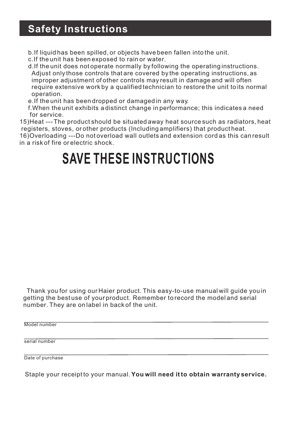 Save these instructions, Safety instructions | haier HLH15BB User Manual | Page 4 / 28