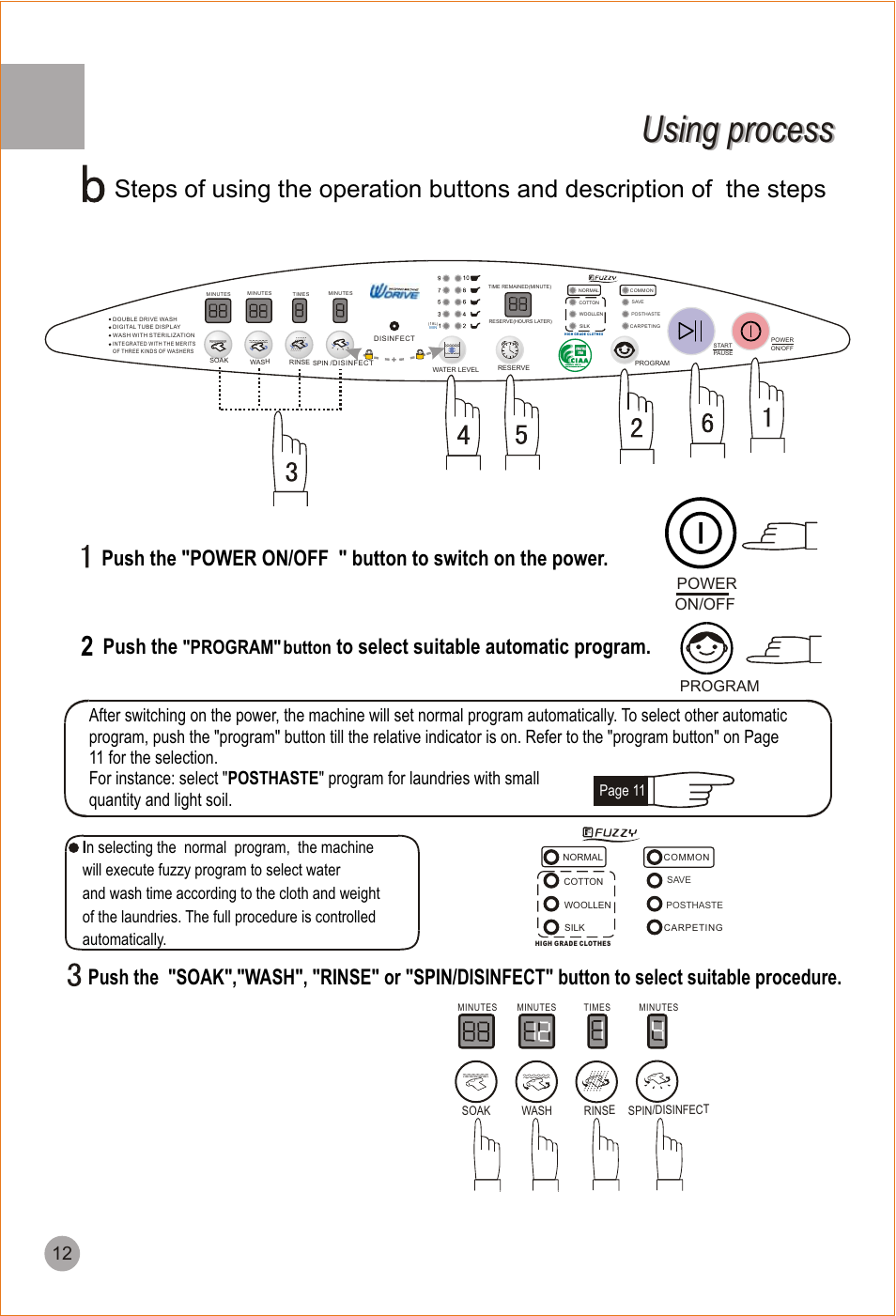 Using process, Push the, Program" button | Power on/off, Page 11, Program | haier HWM90-98 User Manual | Page 14 / 20