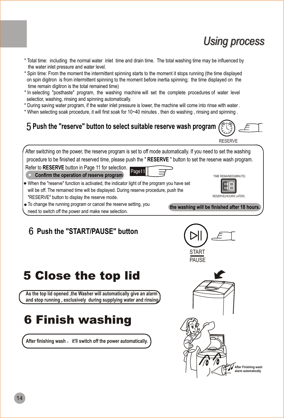 5 close the top lid 6 finish washing, Using process, Push the "start/pause" button | haier HWM90-98 User Manual | Page 16 / 20